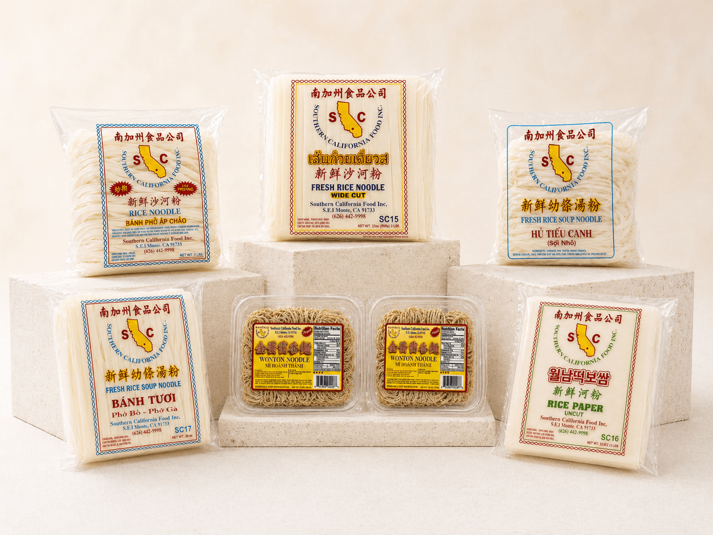 SC Food product line — fresh rice noodles, egg noodles, and specialty items